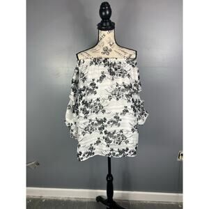 Roz & Ali Plus size white & silver striped black floral off the shoulder blouse